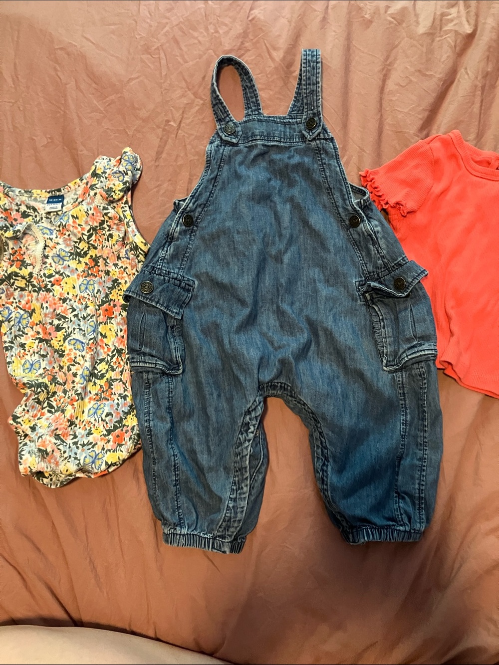 GAP Denim Blue Cargo Overalls for Kids, pink tee shirt, Old Navy bodysuit
